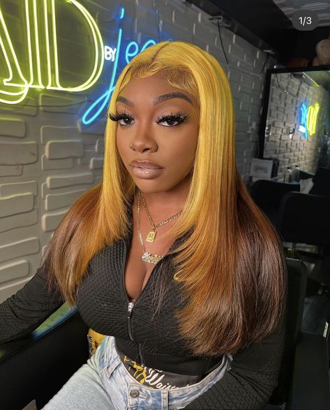 Yellow wig with brown roots Yellow Wig, Lace Wigs Styles, Yellow Hair Color, Hd Lace Wigs, Lace Fronts, Sew In Hairstyles, Dyed Hair Inspiration, Ombre Wigs, Colored Wigs