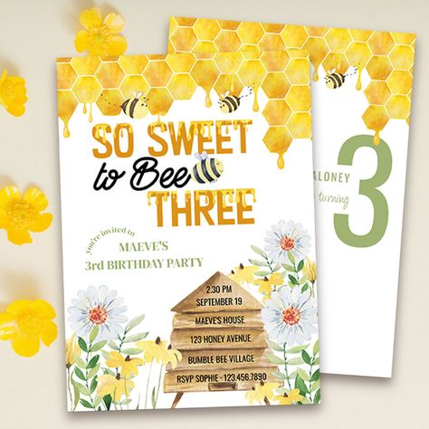 Sweet To Bee Three, 3rd Birthday Invitation, Girls 3rd Birthday, Third Birthday Party, Bday Party Theme, Sunshine Birthday, Bee Honeycomb, Girl Birthday Themes