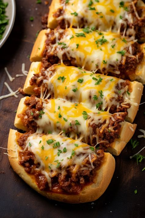 Sloppy Joe Garlic Bread French Garlic Bread, Frozen Garlic Bread, Sloppy Joe Recipe, Sloppy Joe Sauce, Joe Recipe, Garlic Cheese Bread, Garlic Bread Recipe, Cheesy Bread, Sloppy Joe