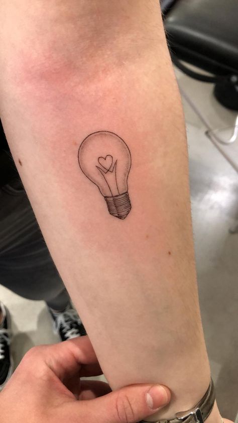 Light Worker Tattoo Ideas, Light Bulb Tattoo Design, Lightbulb Heart Tattoo, Lightbulb Tattoo Ideas, Tattoos About Light, Lightbulb Tattoo Simple, Small Lightbulb Tattoo, Love And Light Tattoo, Teacher Tattoo Ideas Simple