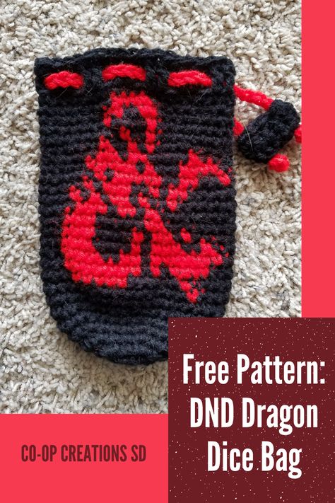 Dragon Dice Bag, Crochet D, Dragon Graphic, Free Pattern Crochet, Beginner Crochet Tutorial, Dungeons And Dragons Dice, Crochet Dragon, Crochet Beanie Pattern, Dice Bag