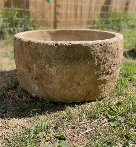 "Large antique limestone troughs. These round troughs bear the most perfect patina and texture that only comes with age. These troughs were hewn or carved from limestone and make a beautiful sink, planter, fountain, water feature, or as a focal point in the garden. Uniquely carved & no two troughs are ever the same. Dimensions: Option A 29\" x 29\" x 15\" Option B 22\" x 18.5\" x 17\" Option C 23.5\" x 17\" x 18.5\" Please not that these are extremely heavy." Stone House Decor, Planter Fountain, Limestone Fountain, Stone Trough, Rustic Pots, Diy Concrete Planters, Trough Planters, Stone Fountains, Outdoor Stone