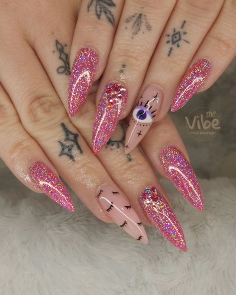 She slayyyyed these at #Lashcon!!! Doubling as her birthday nails as well with our all time favorite glitter 'LOLA' by @artigliobeauty 💖👀 . #longnails #stilletonails #pinknails #pink #hotpink #hotpinknails #handpainted #birthdaynails #HappyBirthday #birthday #TheVibeNailLounge #lashes #lashtech #esthetician #estheticiannails #lashtechnails #lashtechnician #eyeseeyou #eyes #eyenails #sparklynails #lolaglitter #libranails #libraseason Trisha Paytas Nails, Pink Fire Nails, Trisha Paytas, Pink Fire, Libra Season, Hot Pink Nails, Sparkly Nails, Birthday Nails, Fire Nails