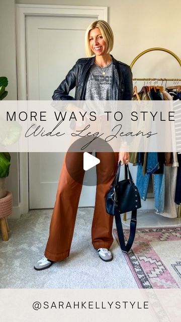 Sarah Kelly | Over 40 Style + Denim Fit Expert on Instagram: "To shop, comment OUTFIT & I’ll DM you the details ✨

Wide leg pants outfit idea for everyday with sneakers + graphic tee! 
*STYLE TIP coated jeans gives a lux feel & looks edgy yet chic! A fall trend to try👍🏻 But can also easily be dressed down like this for everyday! 

#widelegjeans #outfitideasforyou #falloutfitideas #widelegpants #sarakellystyle" Wide Leg Pants Outfit Sneakers, Low Rise Wide Leg Jeans Outfit, Wide Leg Jeans Sneakers Outfit, Wide Leg Jeans Outfit With Sneakers, Wide Leg Jean Outfits Fall, Wide Leg Jeans With Sneakers, Wide Leg Dress Pants Outfit, Wide Leg Pants Outfit Fall, Wide Leg Jeans Outfit Fall