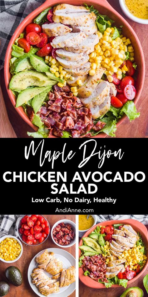 Chicken bacon avocado salad with maple dijon dressing is loaded with delicious ingredients including marinated baked chicken, crispy bacon, lettuce, tomatoes, corn, and avocado. It’s topped with a homemade maple dijon salad dressing. This recipe is a feast for the eyes - serve it on special days when you want a healthy filling salad at the table. Healthy Lunch Recipies, Chicken Bacon Avocado Salad, Marinated Baked Chicken, Bacon Avocado Salad, Dijon Salad Dressing, Dijon Salad, Lunch Recipies, Maple Dijon Dressing, Chicken Bacon Avocado