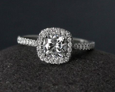 Halo Cushion Cut Engagement Ring With Band, Silver Halo Engagement Ring, Cushion With Halo Engagement Ring, Unique Engagement Rings For Women, Engagement Rings Halo Cushion, Cushion Cut Engagement Ring With Halo, Beautiful Rings Engagement, Rings Engagement Halo, Cushion Engagement Rings