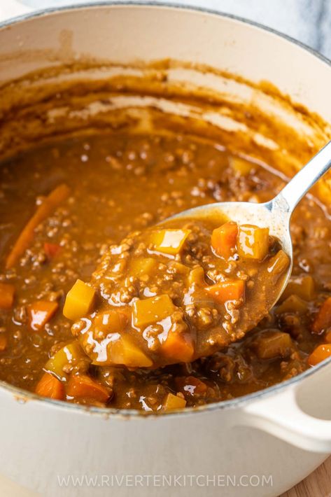 Japanese Curry Recipe Beef, Ground Meat Curry, Japanese Hamburger Curry, Hamburger Curry Recipe Ground Beef, Japanese Curry Ground Beef, Grind Meat Recipes, Curried Minced Beef Recipes, Hamburger Curry Hawaiian, Japanese Ground Beef Recipes