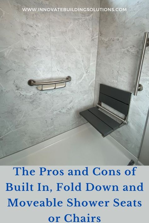 Showers With Built In Seats, Fold Down Shower Seat, Seat In Shower Ideas, Shower Seats Built In, Shower Seat Ideas, Bathtub To Shower Conversion, Built In Shower Seat, Shower Redo, Corner Shower Seat