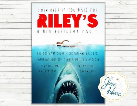 This listing is for the personalization of the Jaws/Shark Party invitation which was created for my friends son. This invitation is perfect for any childrens or adults pool parties! All of the wording can be suited to fit your needs.  **Please note that no physical item will be mailed to you with this listing. This listing is for a custom digital file that will be sent via email.**   What To Do:  1. Choose your size option and add this design to your cart. Make sure to include all information... Jaws Birthday Party, Birthday Party Invitations For Adults, Jawsome Birthday, Sharknado Party, Jaws Party, Shark Party Invitations, Lisa Birthday, Birthday Poster Diy, Shark Birthday Party Invitation