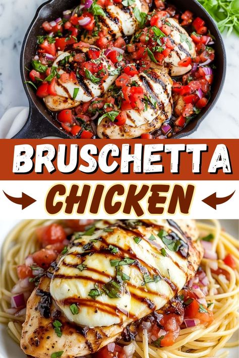 This easy bruschetta chicken is full of satisfying flavor! With the classic combo of mozzarella, tomatoes, basil, and balsamic vinegar, it's such a treat. Mozzarella Balsamic Chicken, Balsamic Chicken With Tomatoes, Tomato Balsamic Mozzarella, Tomato Basil Balsamic, Chicken Mozzarella Tomato Recipes, Chicken Basil Mozzarella Tomato, Recipes With Bruschetta, Chicken With Balsamic Vinegar, Tomato Dinner Ideas