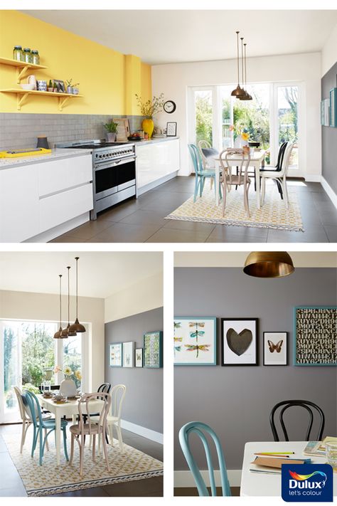 Create a coherent and sophisticated scheme for your open plan kitchen-diner. Combine fresh yellow such as Lemon Pie with a deep grey like Deep Fossil married together perfectly with a cool neutral Egyptian Cotton. #openplan #kitchendecor #kitchenideas #grey Dulux Lemon Pie, Open Plan Kitchen Living Room Wall Colours, Kitchen Diner Colour Schemes, Grey And Yellow Kitchen Ideas, Yellow Grey Kitchen, Narrow Kitchens, Girl Nurseries, Kitchen Colour, Wall Colours