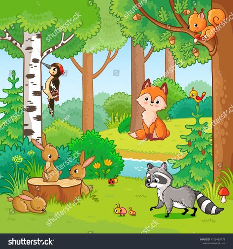 Vector illustration with cartoon animals in the forest. Picture in the children's style. Set of animals. #Ad , #ad, #cartoon#animals#Vector#illustration Poems For Babies, Kids Video, Animals And Birds, Kids Cartoon, 1 800, Cartoon Animals, The Forest, Vector Images, Vector Illustration