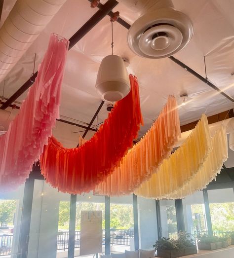 Ceiling Decorations For Classroom, Ceiling Fringe Garland, Decor Hanging From Ceiling, Ceiling Decorations Wedding, Christmas Ceiling Decorations Ideas, Christmas Event Decor, Ceiling Fringe, Fringe Ceiling, Streamer Garland