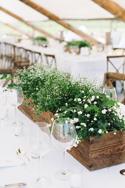 An herb garden smells fantastic, so why not toss a few plants in a beautiful wood crate? Low Greenery Centerpieces Wedding, Flower Bed Centerpiece, Merlot Wedding, Plant Centerpieces, Garden Aesthetics, Greenery Centerpiece, Wedding Greenery, Greenery Arrangements, Greenery Decor