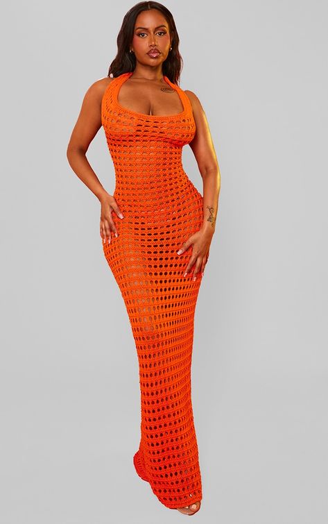 Shape Orange Crochet Halterneck Open Back Dress Crochet Mini Dress Summer, Crochet Birthday Dress, Crochet Maxi Dresses, Orange Crochet Dress, Maxi Dress Crochet, Crochet Gown, Crochet Dress Outfits, Hourglass Dresses, Crochet Long Dresses