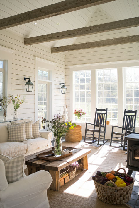 Sunporch Windows, Fireplace In Sunroom, Sunroom Mudroom Combo, Kitchen Sunroom Combo, Large Sunroom Ideas, Florida Room Ideas Sunrooms, Shiplap Sunroom, Sunroom Addition Off Kitchen, Rustic Sunroom Ideas