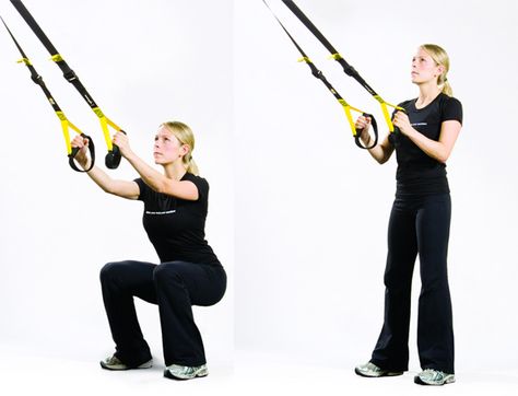 TRX squat. do them faster and add a jump for higher intensity. use the ropes as little as possible. keep hips and shoulders aligned, don't over extended. do for 30s. Suspension Training Workouts, Suspension Workout, Trx Squat, Total Body Workout Routine, Trx Suspension Training, Trx Training, Trx Workouts, Suspension Training, Womens Health Magazine