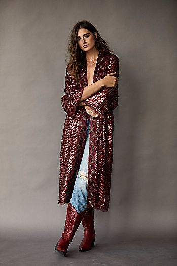 Boho Holiday Outfits, Trim Embroidery, Sequin Duster, Maxi Kimono, Party Jackets, Free People Jacket, Red Sequin, Boho Clothing, Front Design