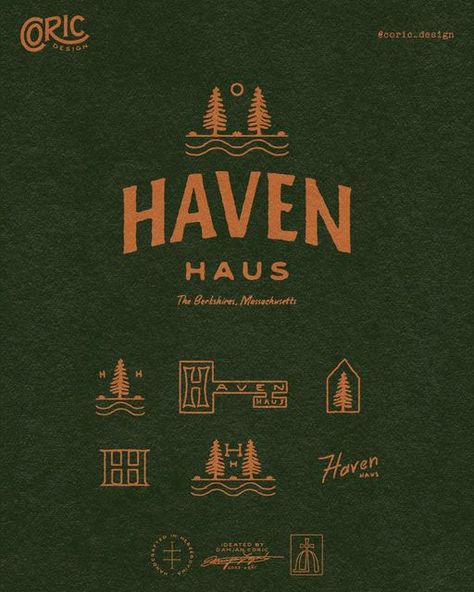 Damjan I Brand Identity on Instagram: "🏠 Logo design for a rental property in The Berkshires managed by Stay at Our Haus. The client, Andrew, envisioned a classic, masculine logo that will attract people looking for a vacation spot in nature where they can enjoy ample outdoor activities and farm-to-table food. 🌲 I created an organic, earthy design that features two pine trees, the sun, and a stream that flows near the residence. The overall style is vintage, but clean and professional, with hand-drawn type that amplifies the welcoming, warm feel. The primary color palette consists of pine green and muted orange to instantly communicate that Haven Haus is located near the forest, surrounded by breathtaking mountain scenery. 🚀 Once the master logo was finalized, we expanded the concep Craftsman Logo Design, Landscape Branding Design, Mountain Modern Design, Rugged Logo Design, Outdoor Company Branding, Outdoor Brand Color Palette, Outdoorsy Font, Earthy Brand Identity, Cabin Logo Design