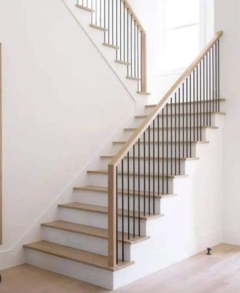 Wood Railings For Stairs, Transitional Staircase, Interior Stair Railing, Modern Stair Railing, Staircase Railing Design, Stairs Design Interior, Iron Stair Railing, House Staircase, Staircase Ideas