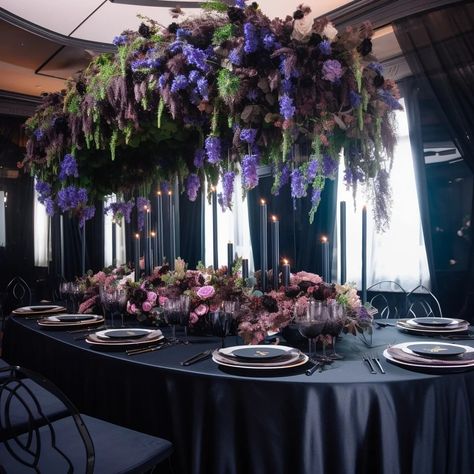 hydrangea black tablecloth, purple flowers, presidium wedding purple wedding black and purple Wisteria And Black Wedding, Maleficent Themed Wedding, Violet And Black Wedding, Black Purple Wedding Decor, Lilac And Dark Blue Wedding, Black Gold Purple Green Wedding, Black Gold And Lavender Wedding, Blue And Purple Gothic Wedding, Black Lavender Wedding