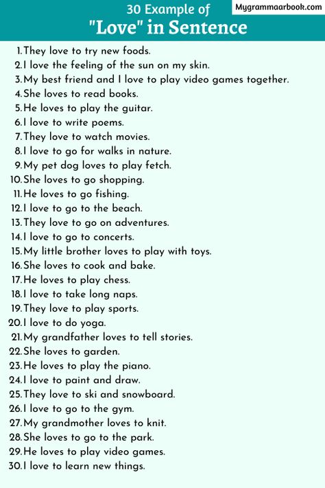 30 Example Sentences with Love Spicy Sentences, My Pet Dog, Playing Video Games, Walking In Nature, English Grammar, 4th Grade, Dog Love, Grammar, Movies To Watch