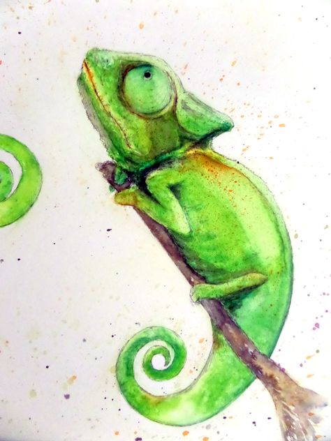 chameleon watercolour by Nancy Antoni Chameleon Drawing, Draw Chameleon Easy, Camilian Lizard Drawing, Drawing Chameleon, Chameleon Painting, Chameleon Watercolor, Log Drawing, Chameleon Art Illustration, Chameleon Watercolor Paintings