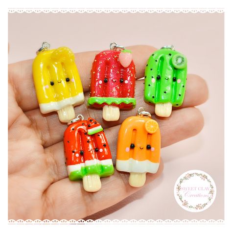 Check out the new video tutorial on my YouTube channel on how to make these cute charms! Disney Clay Charms, Kawaii Popsicle, Easy Clay Sculptures, Clay Pins, Kawaii Charms, Food Kawaii, Polymer Clay Kawaii, Clay Keychain, Clay Things