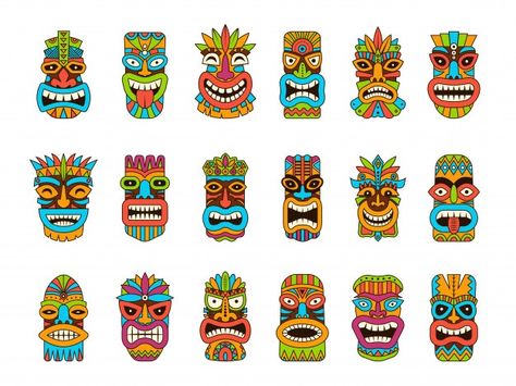 Tiki masks. tribal hawaii totem african ... | Premium Vector #Freepik #vector #background #travel #wood #icon Idol Illustration, Primitive Sculpture, Totem Tiki, Arte Haida, Tiki Masks, Tiki Signs, Tiki Faces, Tiki Head, Tiki Statues