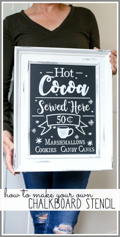 Make this cute hot cocoa hot chocolate sign on your own!  - all the details! - Sugar Bee Crafts Chalkboard Stencils, Hot Chocolate Sign, Chalkboard Vinyl, Paint Organization, Stencils Tutorials, Stencil Vinyl, Mason Jar Crafts Diy, Bee Crafts, Diy Wedding Favors