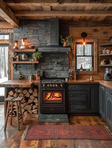 Black And Cedar Kitchen, Adirondack Cabin Interior, Cabin In The Woods Kitchen, Cabin Interiors Kitchen, Home Bedroom Ideas, Rustic Cabin Kitchen, Rustic Kitchen Designs, Bedroom Diy Ideas, Log Cabin Kitchen