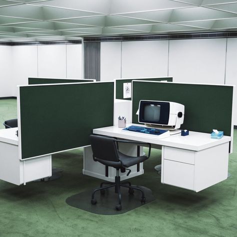 Liminal Office, Midcentury Office, Cubicle Office, Yellow Office, Midcentury Architecture, Computer Set, Small Computer, Office Cubicle, Divider Wall