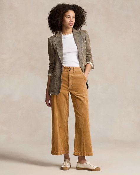 Polo Ralph Lauren | Gold Corduroy Wide-Leg Cropped Pants | Autumn • Winter Fashion Gold Corduroy Pants Outfit, Tan Courderoy Pants Outfits Women, Camel Corduroy Pants Outfits, Courderoy Pants Outfits Women, Corduroy Pants Outfits, Corduroy Pants Outfit, Winter Pants Outfit, Winter Pants, Wide Leg Cropped Pants