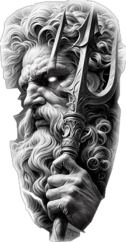 Poseidon Drawing, Trident Tattoo, Greek God Tattoo, Colour Tattoo For Women, Poseidon Trident, Atlas Tattoo, Poseidon Tattoo, Zeus Tattoo, Tattoo Lettering Styles