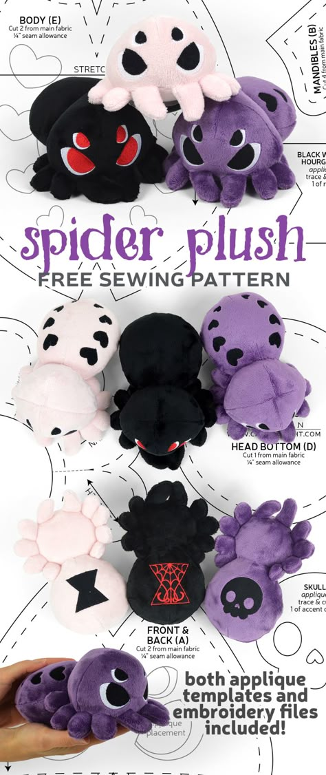 Free Stuffy Sewing Patterns, Sanrio Plush Sewing Pattern, Spider Sewing Pattern Free, Simple Plush Patterns, Easy Plush Pattern Free, Hand Sewn Patterns, Hand Sewn Stuffed Animals Free Pattern, Moth Plush Pattern Free, Kawaii Plush Pattern