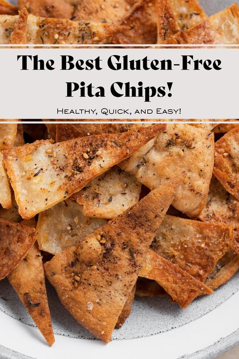 Homemade Gluten-Free Pita Chips - learn how to make crunchy pita chips from pita bread! It's easier than you might think! You only need three ingredients and a hot oven! Less than 30 minutes to make. These pita chips are the perfect appetizer served with hummus or a great snack eaten on their own! Add different spices and make them your own, the possibilities are endless! #pitachips #homemadepitachips #glutenfreepita Vegan Pita Bread Recipe, Gluten Free Pita Chips, Gluten Free Pita Bread, Pita Chips Recipe, Beet Hummus Recipe, Gluten Free Chips, Gluten Free Pita, Homemade Pita Chips, Homemade Pita