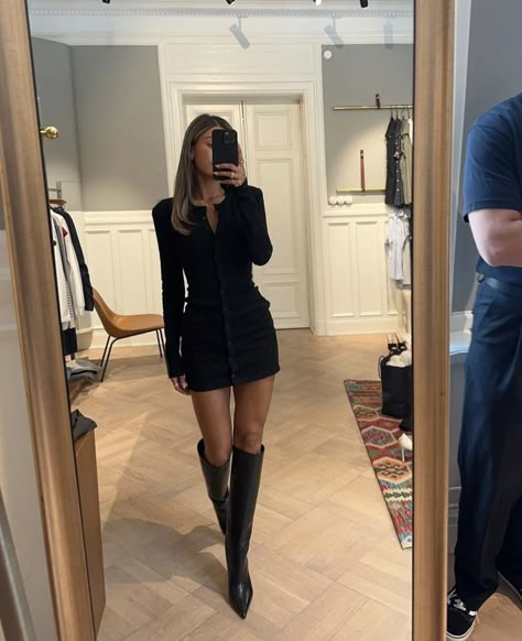 Black Dress Tall Boots Outfit, Black Skirt With Knee High Boots, Sock Heel Boots Outfit, Long Skirt High Boots, Tall Heel Boots Outfit, Black High Knee Boots Outfits, Black Stilettos Outfit, Black Dress Knee High Boots, Long Black Boots Outfit