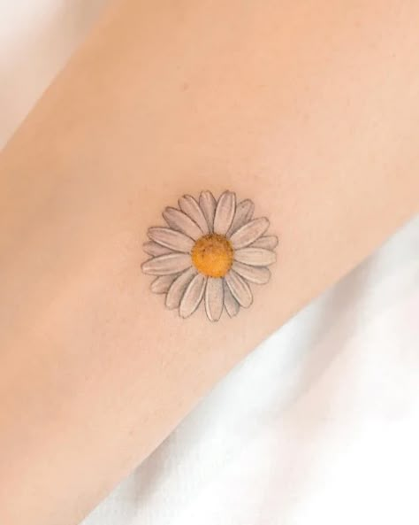 🌼 🌼 Daisy Tattoo: Meanings Designs and ideas 🌼 🌼 – neartattoos Daisy Tattoo With Color, Colourful Daisy Tattoo, Daisy Anklet Tattoo, Daisy Crown Tattoo, Single Needle Daisy Tattoo, Minimal Daisy Tattoo, Small Daisy Flower Tattoos, Daisy Finger Tattoo, Tiny Daisy Tattoo