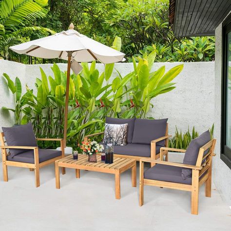 Amazon.com: COSTWAY 4 Pieces Outdoor Acacia Wood Sofa Set, Outdoor Conversation Sofa Set with Table & Cushions Porch Chairs for Garden, Patio, Deck : Patio, Lawn & Garden Waterproof Furniture, Porch Chairs, Conversation Sofa, Coffee Table Dimensions, Artistic Home, Wood Sofa, Wooden Coffee Table, Furniture Layout, Conversation Set Patio