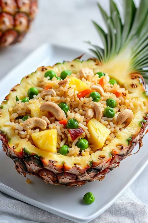 This Thai pineapple fried rice is bursting with tropical flavor! The medley of rice, peas, carrots, pineapple, and cashews is a true taste explosion. Hawaiian Party Food, Thai Pineapple Fried Rice, Rice Peas, Pineapple Shrimp, Pineapple Rice, Cooking Jasmine Rice, Pineapple Fried Rice, Shrimp Fried Rice, Roasted Cashews