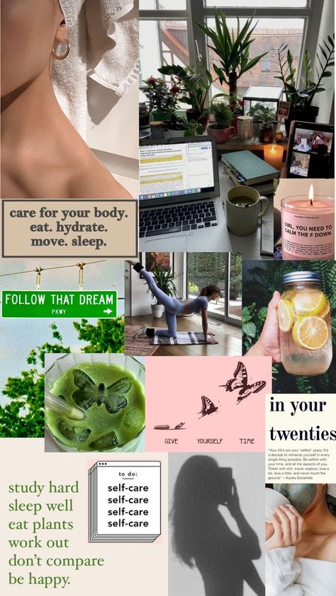 Vision Board, aesthetic collage, self care, hydrate, study, aesthetic, give yourself time, in your twenties, sleep well, eat plants, work out, be happy, follow that dream, follow your dreams Vision Board Aesthetic Pictures, Vision Board Aesthetic, Give Yourself Time, In Your Twenties, Your Twenties, Board Aesthetic, Vision Board Affirmations, Glo Up, Study Aesthetic