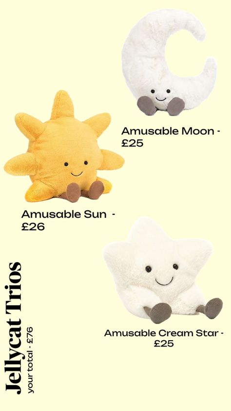 sky trio #jellycat #moon #star #sun Jellycat Stuffed Animals, Cat Obsession, Clay Diy Projects, Cute Birthday Gift, Sun Moon Stars, Easy Drawings Sketches, Cute Stuffed Animals, Moon Star, Crochet Accessories