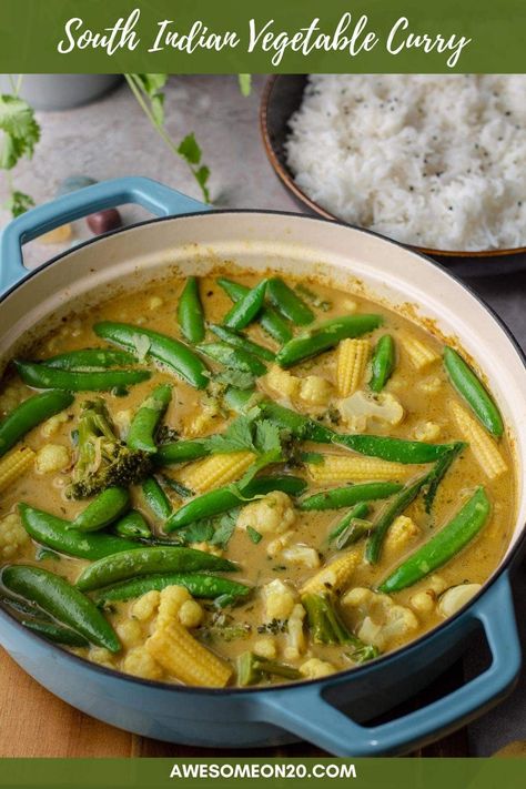 This vegan South Indian Vegetable Curry is so hearty and flavorful with lots of spices and five different vegetables. Serve it with rice and flatbread for a meatless feast. #veganrecipe #vegancurry #vegetablecurry Indian Vegetable Curry, Indian Vegetables, Indian Vegetable Recipes, Tomato Curry, Spinach Curry, Veggie Stock, Vegan Curry, Vegetable Curry, Different Vegetables