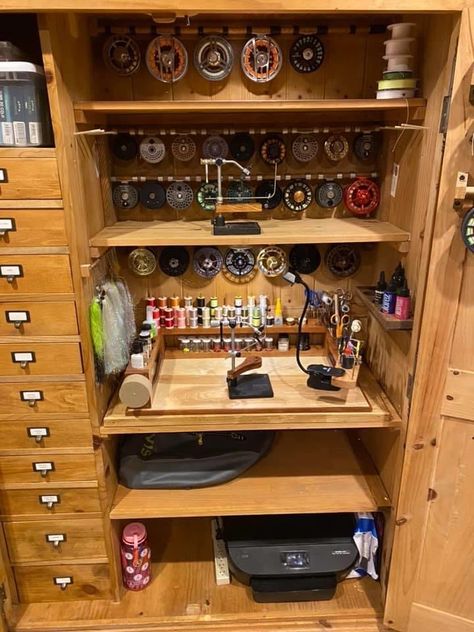 Fly Fishing Storage Ideas, Fly Fishing Gear Storage, Fishing Cabinet, Fly Tying Station, Outdoor Gear Storage, Fishing Gear Storage, Fish Room, Fly Tying Desk, Gear Room