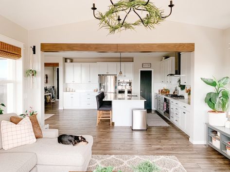 Beam In Living Room Ceiling, Adding Ceiling Beams, Adding Faux Beams To Ceiling, Wood Beam In Kitchen, Adding Beams To Ceiling, Adding Wood Beams To Ceiling, Wood Cased Opening, Beam In Ceiling, Faux Beams Living Room