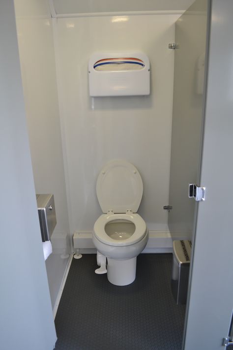 Rent-a-Restroom bathroom stall. 10-person unit. Bathroom Stall Reference, Commercial Bathroom Tile, School Bathroom Stall, Office Restroom, Bathroom Trailer, Bathroom Stall Doors, Commercial Bathroom Designs, Bathroom Stalls, Ladies Restroom