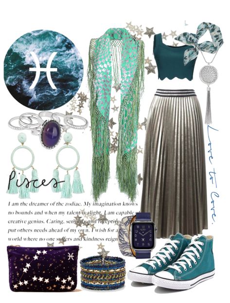 Pisces Fashion outfit ideas | Pisces Fashion Picies Zodiac Outfits, Pisces Inspired Outfits, Pisces Venus Aesthetic Clothes, Pisces Venus Outfits, Pisces Aesthetic Outfit, Pisces Outfits, Pisces Party, Dc Clothes, Innocent Archetype