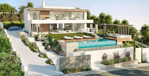 House In Slope, Slope House Design Architecture, Modern Villa With Pool, Slope House Design, Sloping Lot House Plan, House With Pool, Slope House, Modern Villas, Villa Pool