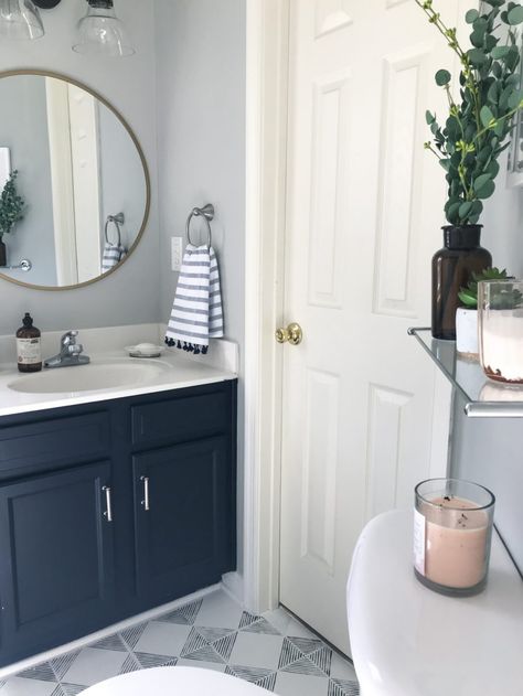 Bathroom Remodel Plans, Grey And White Bathroom, Painted Vanity Bathroom, Navy Blue Bathrooms, Guest Bathroom Renovation, Navy Bathroom, Paint Vinyl, Silver Bathroom, Painted Vanity