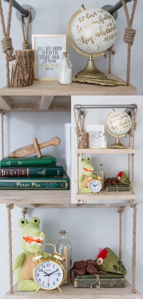 Ideas for how to decorate birch shelf Peter Pan Bedroom, Nursery Disney, Disney Themed Nursery, Neverland Nursery, Disney Themed Rooms, Baby Boy Room Themes, Boy Room Themes, Casa Disney, Peter Pan Nursery